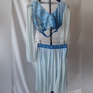Dance Costume - 2 Pc Set - Light Blue Embellished Top And Skirt